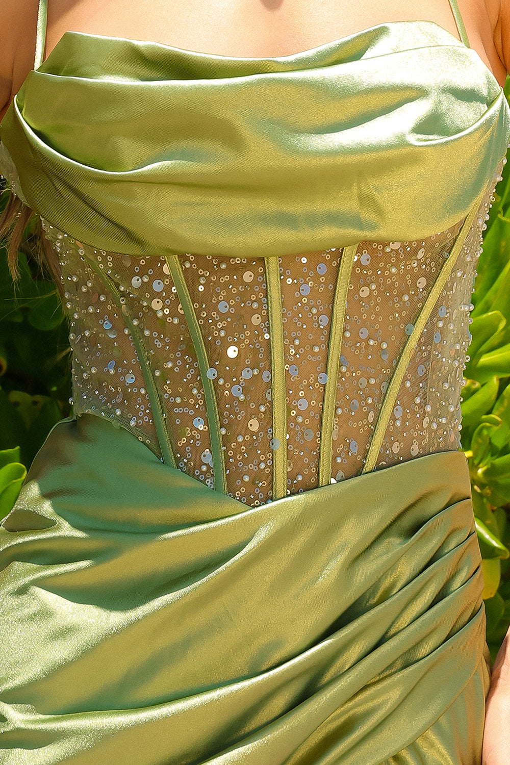 AC24-BZ020 SEQUIN SATIN FITTED COWL SHEER CORSET GOWN LEG SLIT