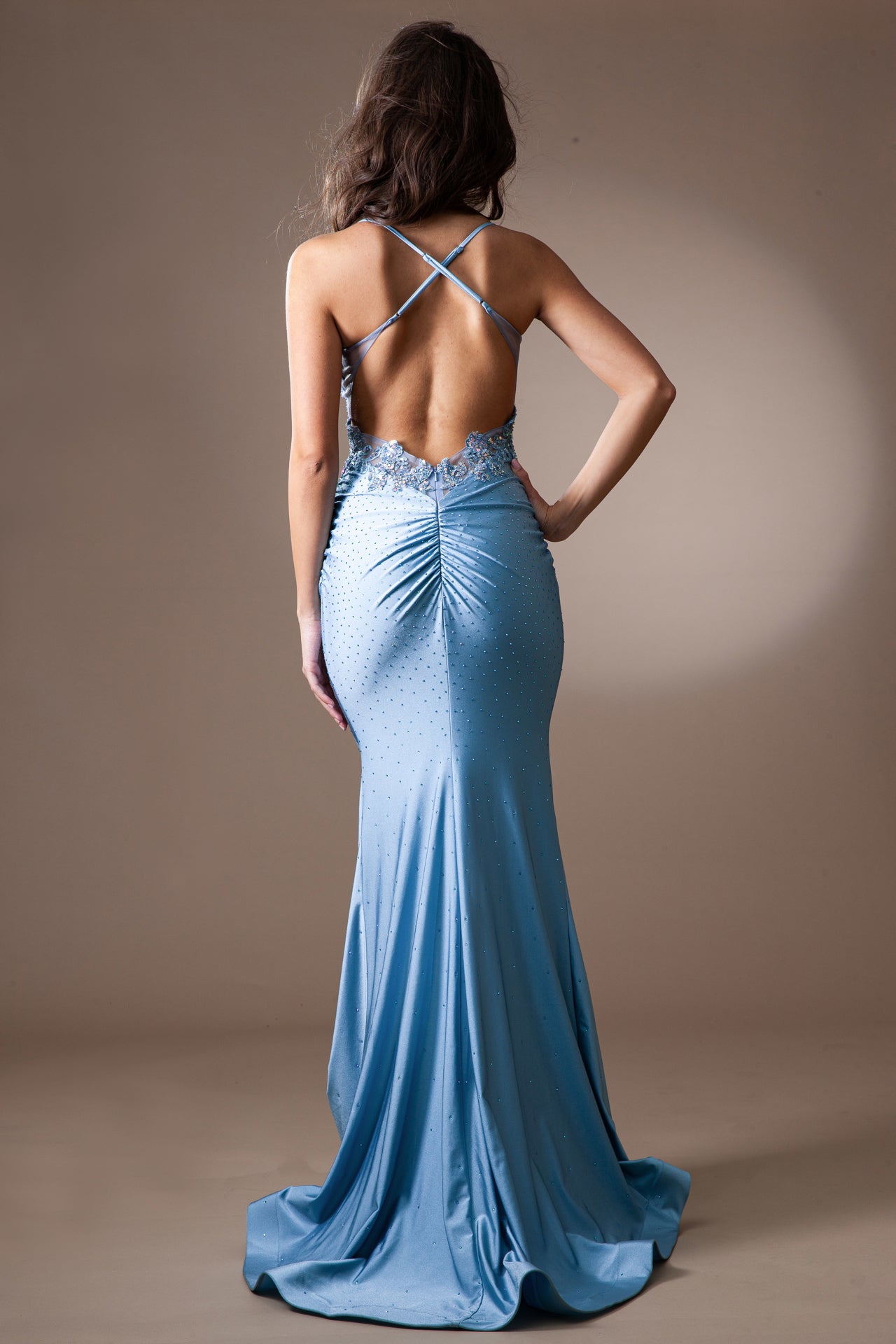 AC24-TM1018 Fitted Hot Stone Gown Scoop Crisscross Straps Detail Beaded Sheer Illusion Boned Bodice Gather at zipper , Open back.
