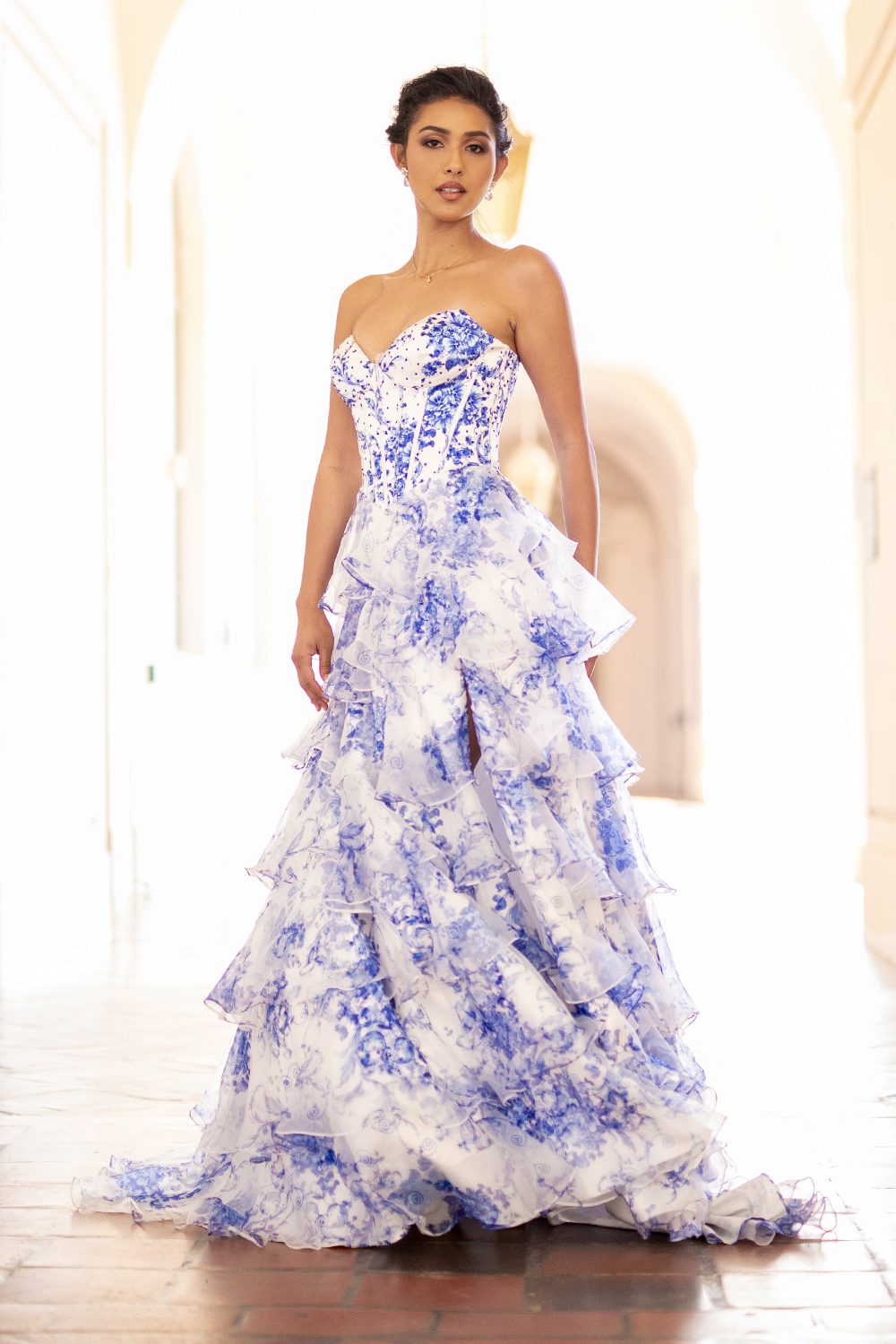 AC25-2060 FLORAL RUFFLED DRESS