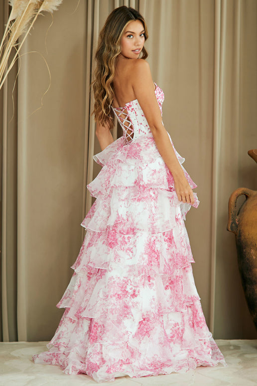 AC25-2060 FLORAL RUFFLED DRESS