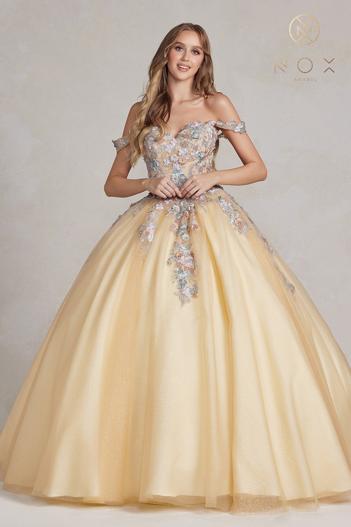 NA25-JU809 FLORAL EMBROIDERED OFF-THE-SHOULDER CORSET BALL GOWN