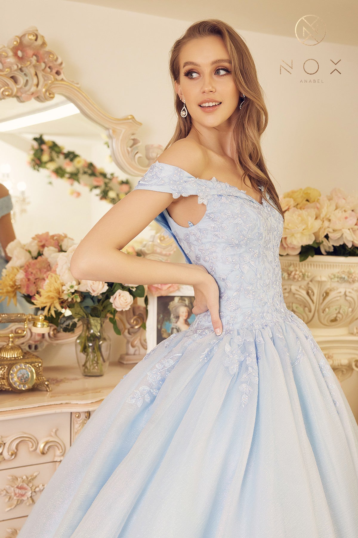 NA25-CU1193 OFF-THE-SHOULDER LACE APPLIQUE BALLGOWN