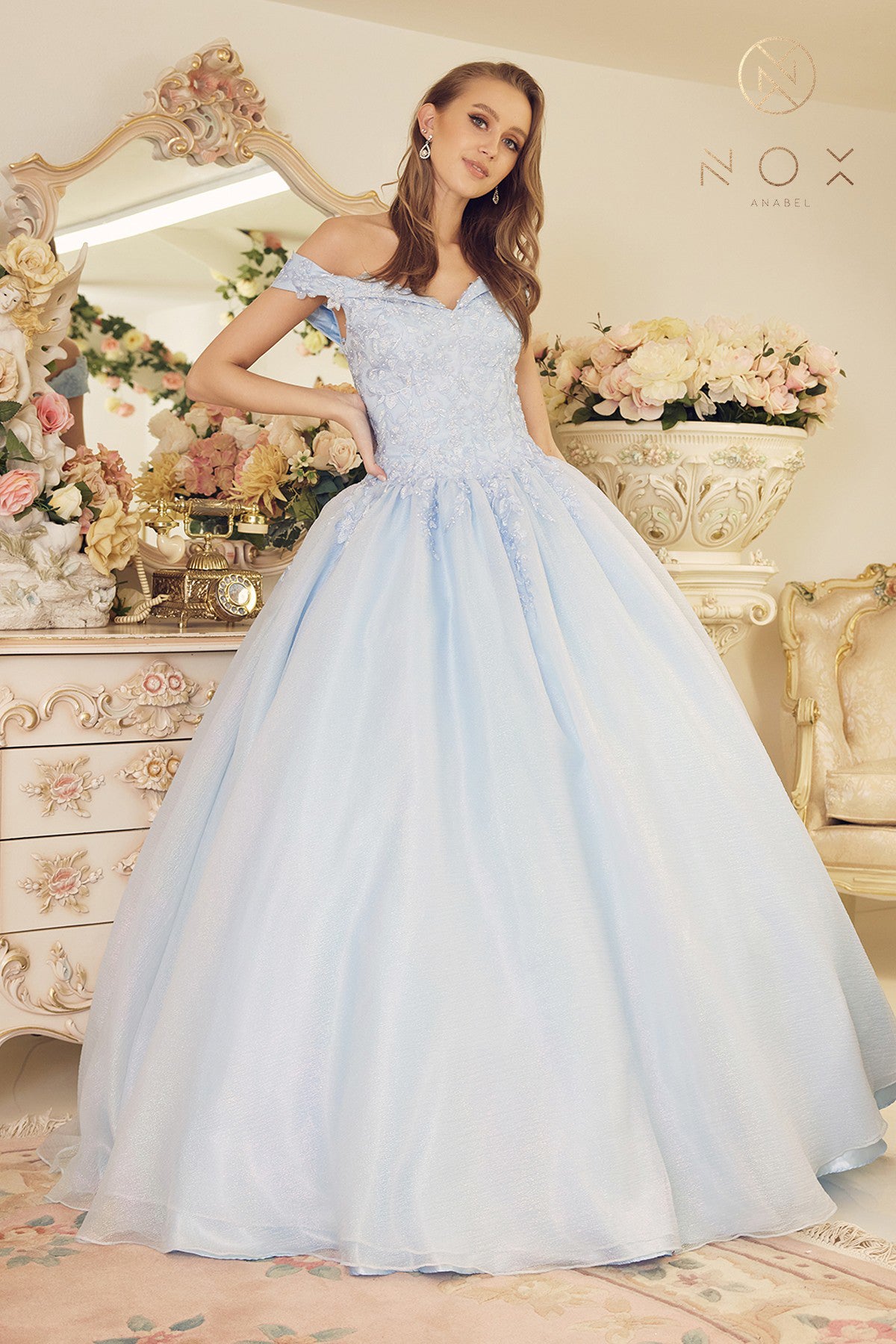 NA25-CU1193 OFF-THE-SHOULDER LACE APPLIQUE BALLGOWN
