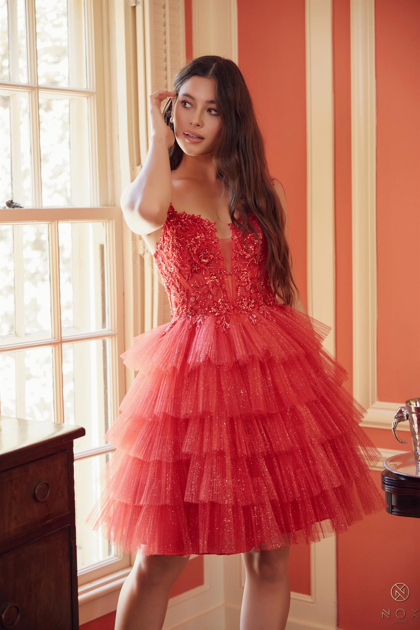 NA25-E904 APPLIQUE TULLE RUFFLE TIERED SHORT DRESS