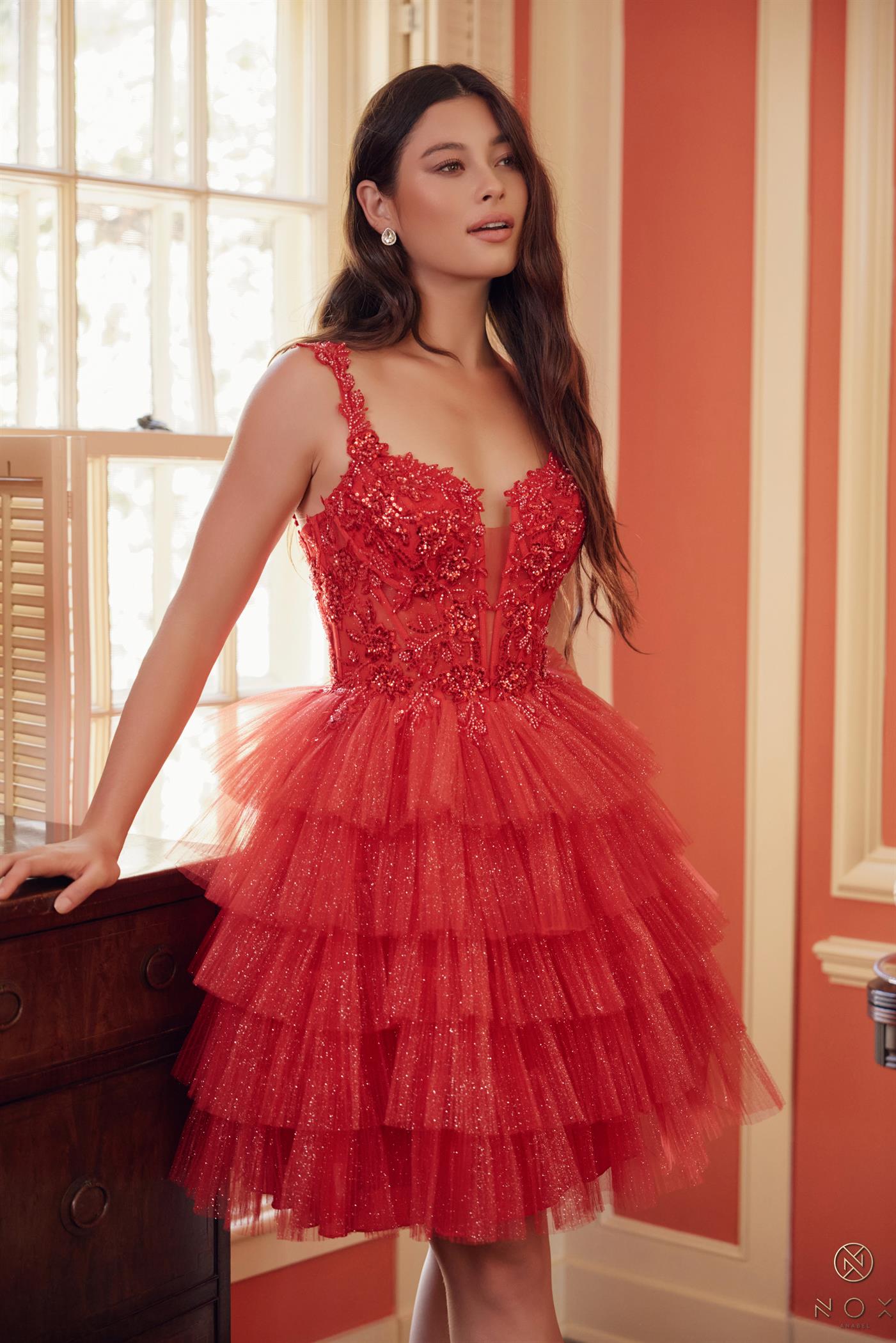NA25-E904 APPLIQUE TULLE RUFFLE TIERED SHORT DRESS