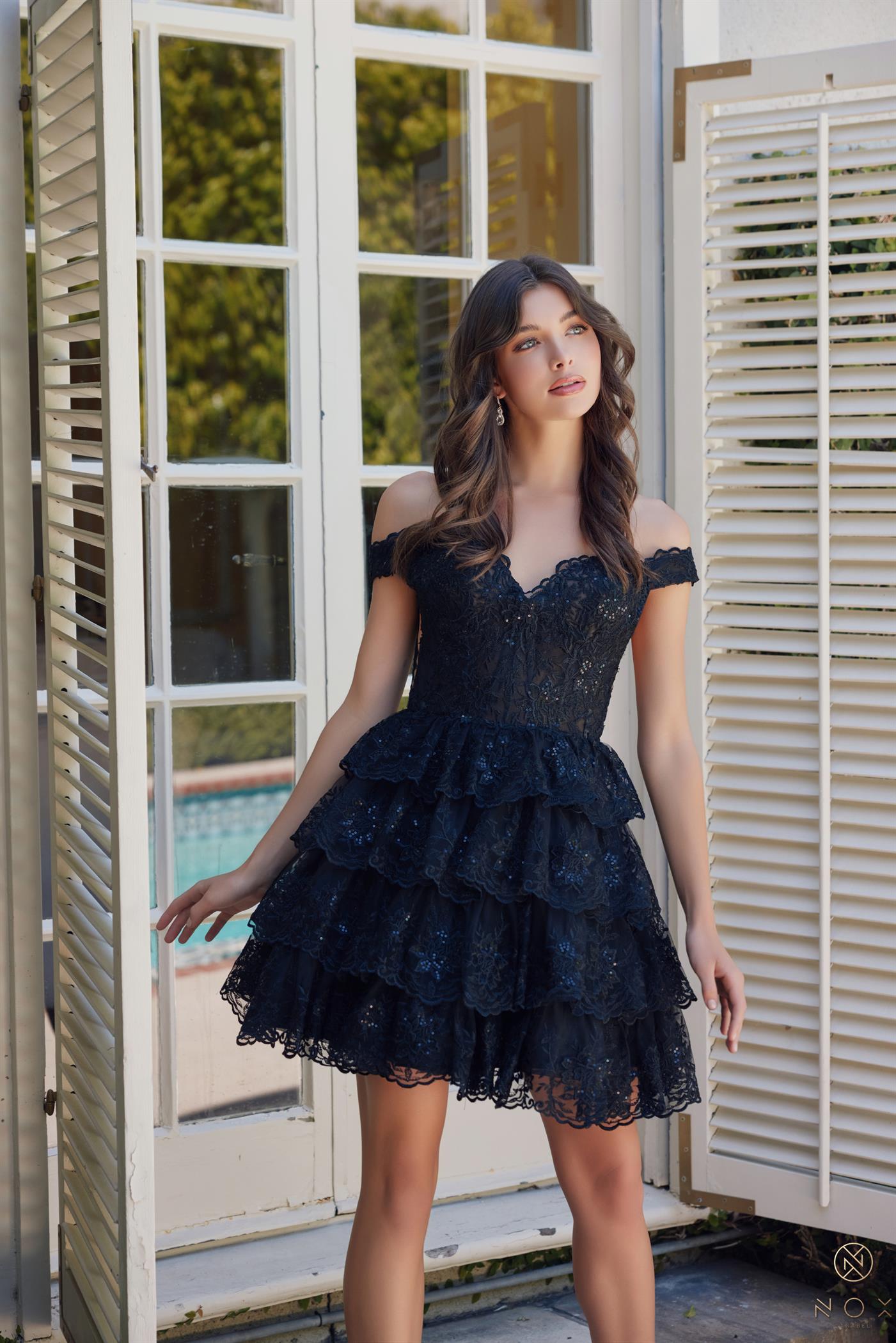 NA25-R877 EMBROIDERED SHORT OFF SHOULDER TIERED DRESS