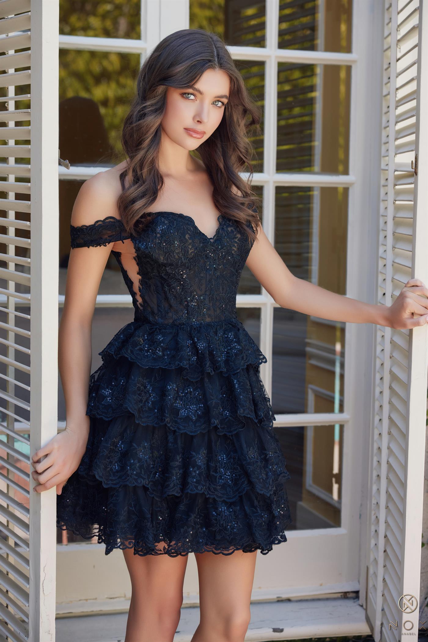 NA25-R877 EMBROIDERED SHORT OFF SHOULDER TIERED DRESS