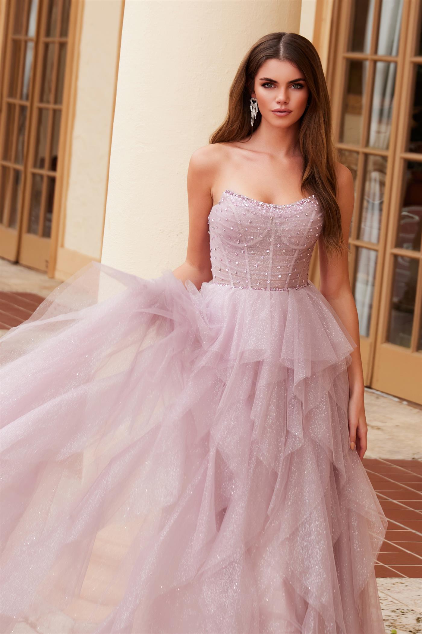NA25-A1591 ENCHANTING A-LINE GLITTER-TULLE DRESS BONED BEADED STRAPLESS TOP