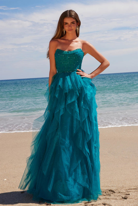 NA25-A1591 ENCHANTING A-LINE GLITTER-TULLE DRESS BONED BEADED STRAPLESS TOP