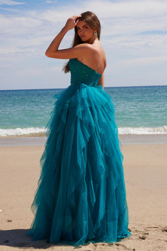 NA25-A1591 ENCHANTING A-LINE GLITTER-TULLE DRESS BONED BEADED STRAPLESS TOP
