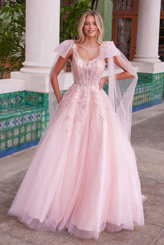 NA25-H1680 A LINE WITH A SHEER BONED WAISTLINE EMBROIDERED APPLIQUE