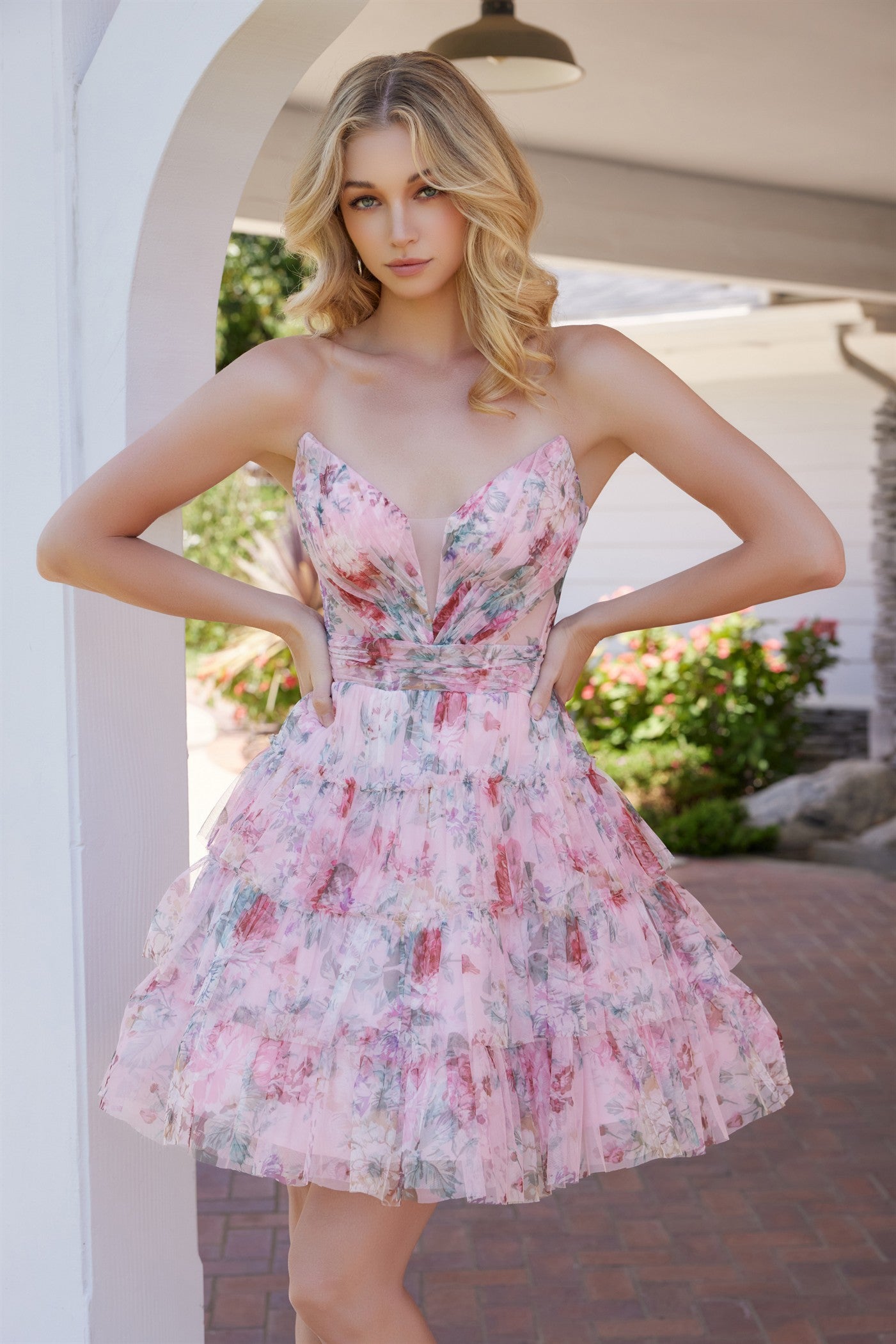 NA25-M992 CHIC AND GRACEFUL STRAPLESS FLOWER PRINT CHIFFON DRESS