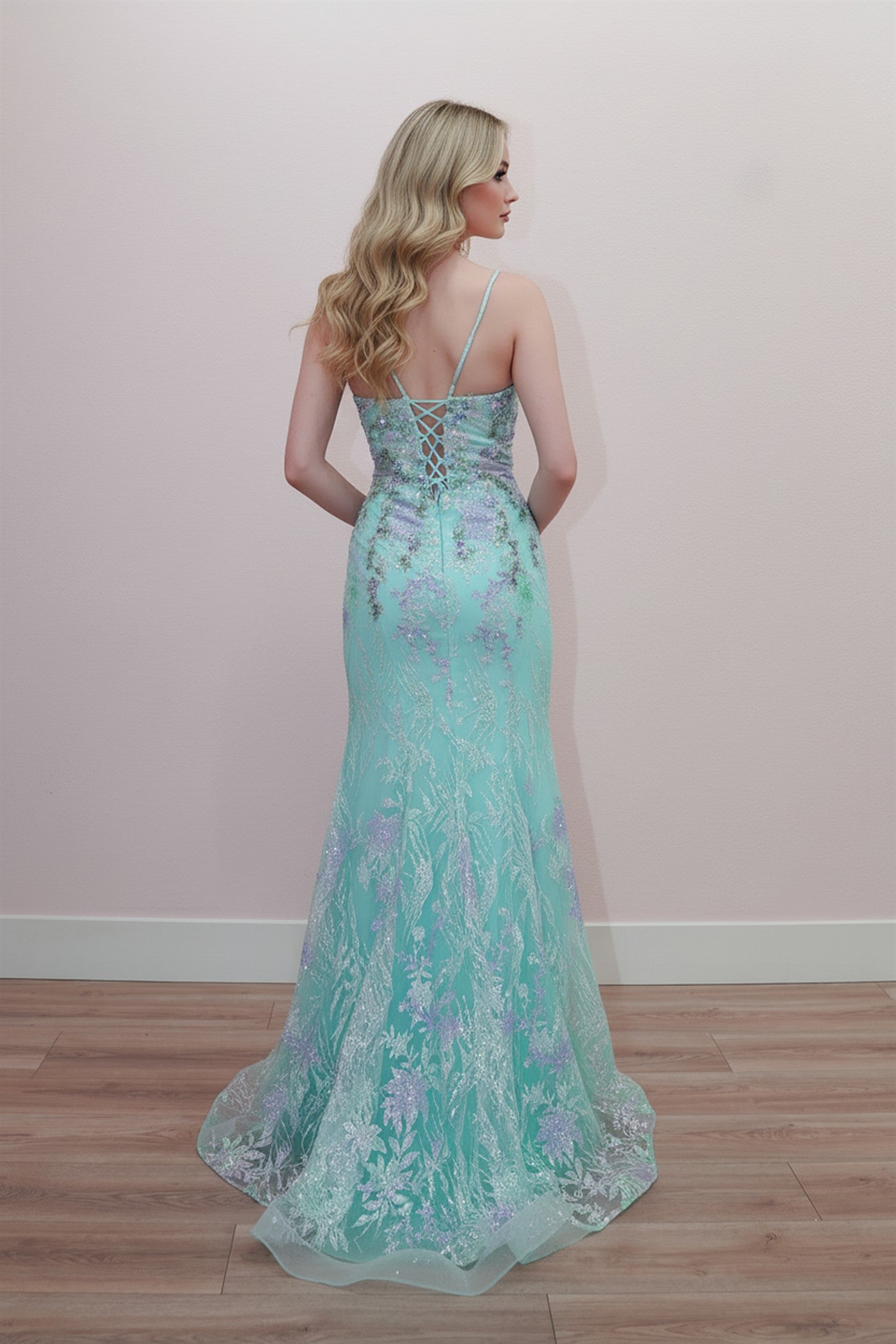 NOX26-C1839 FITTED MERMAID GLITTER AND WOVEN EMBELLISHMENT LACE UP BACK
