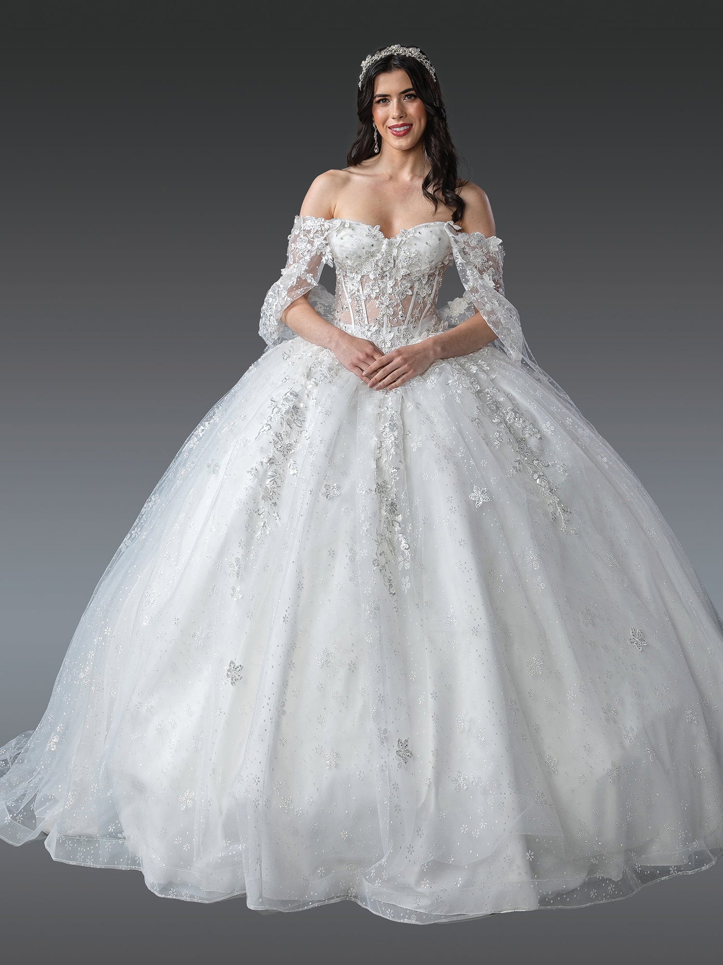 DQ25-1970 DRESS WITH FLORAL EMBROIDERY, SHEER CAPE