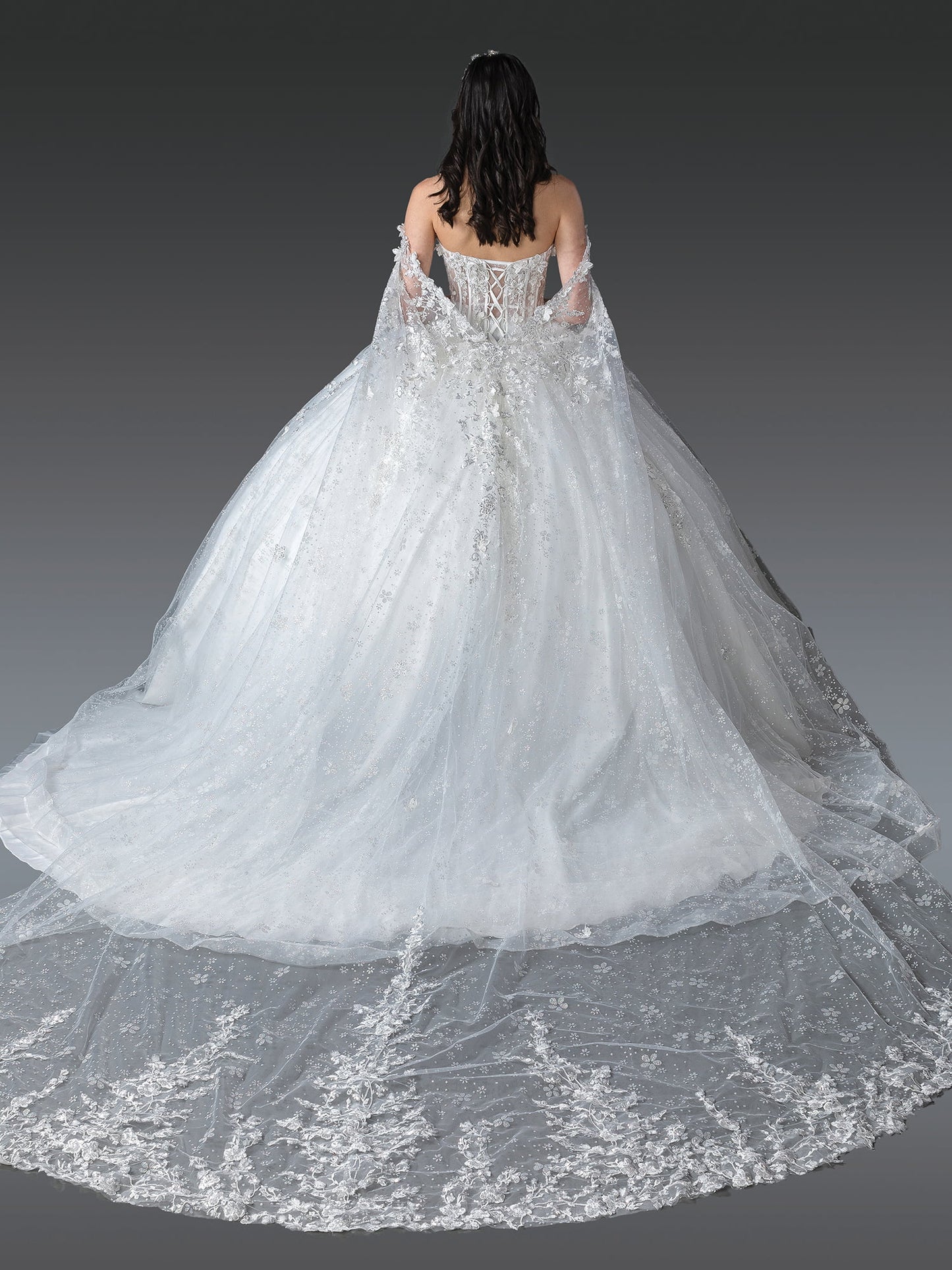 DQ25-1970 DRESS WITH FLORAL EMBROIDERY, SHEER CAPE