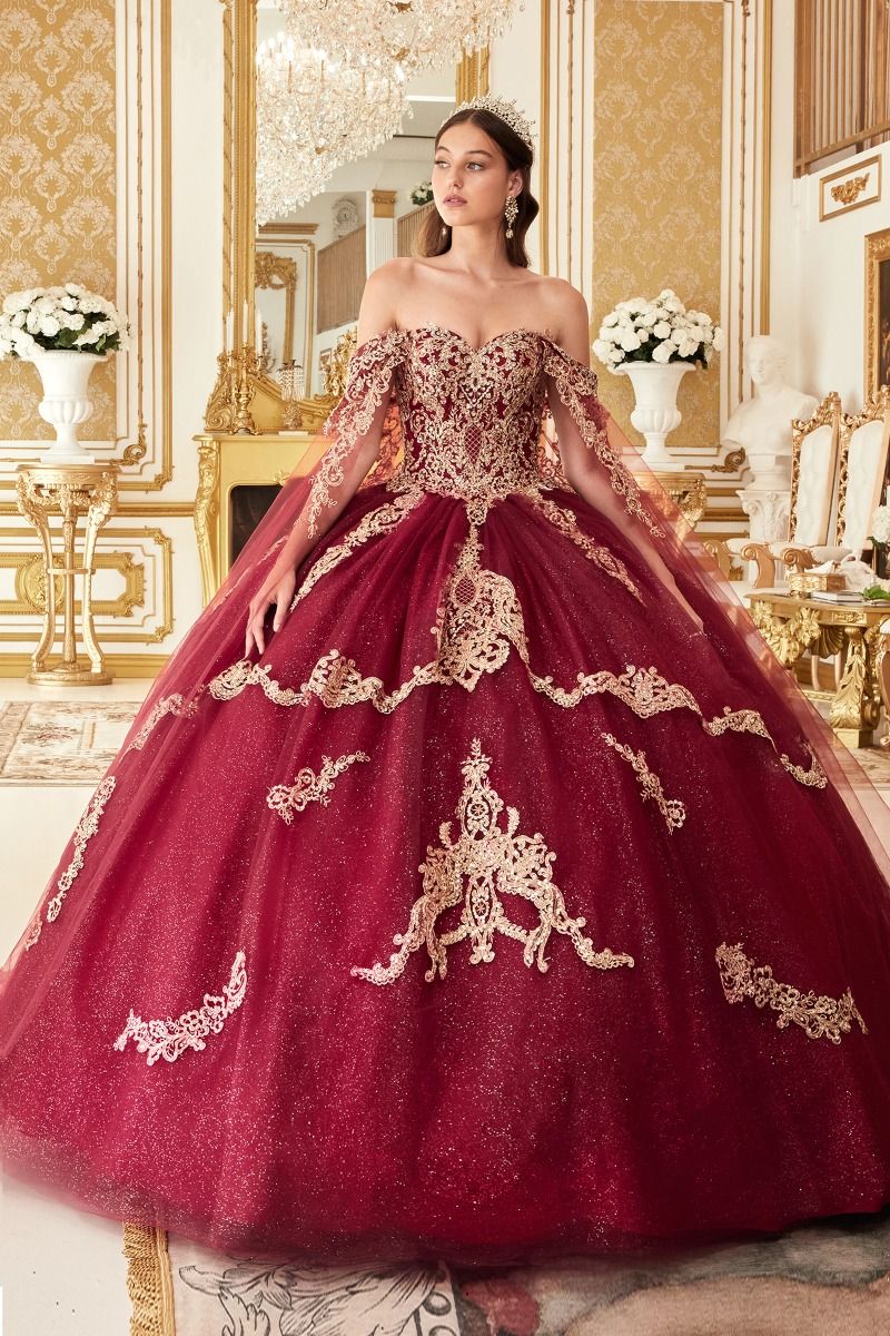 CD24-15711 LAYERED GOLD LACE BALL GOWN