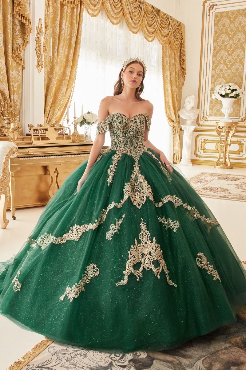 CD24-15711 LAYERED GOLD LACE BALL GOWN