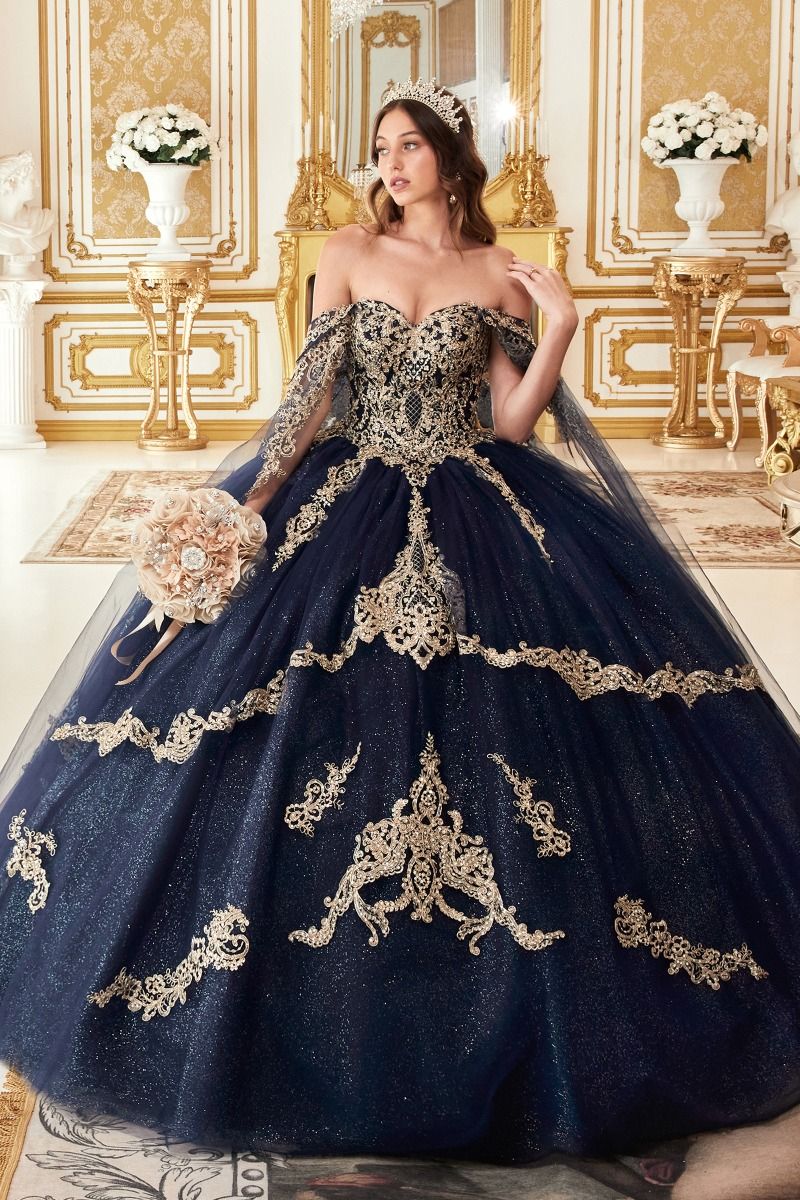 CD24-15711 LAYERED GOLD LACE BALL GOWN