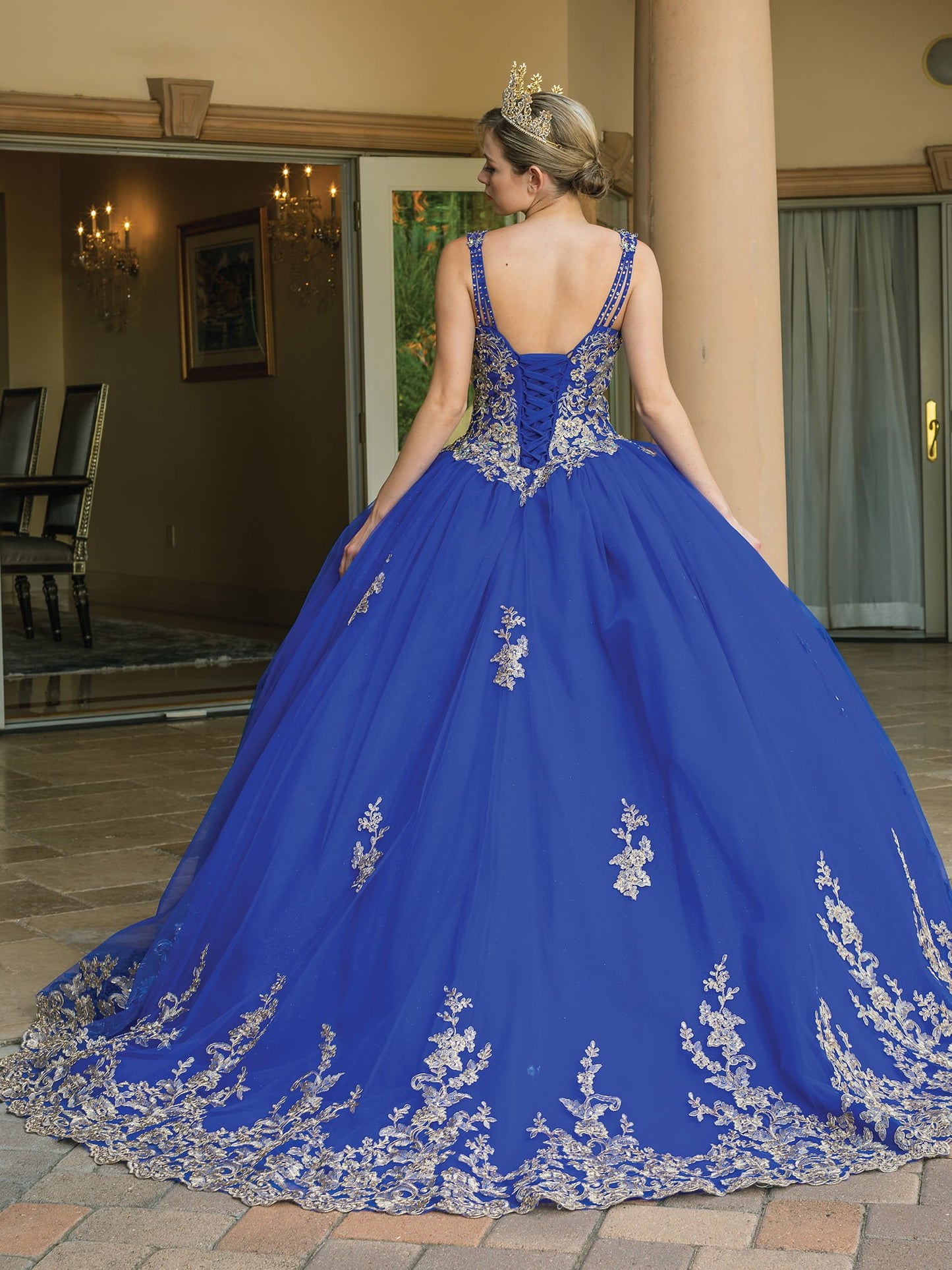 DQ25-1593 SLEEVELESS V-NECK GOWN WITH INTRICATE EMBROIDERY