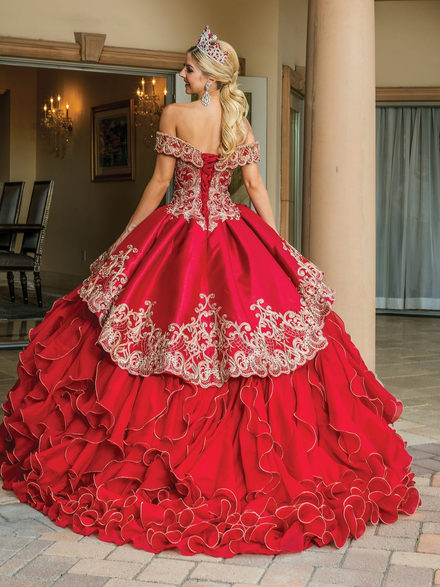 DQ25-1599 OFF-THE-SHOULDER BALL GOWN WITH BEADED EMBROIDERY AND CASCADING RUFFLE SKIRT