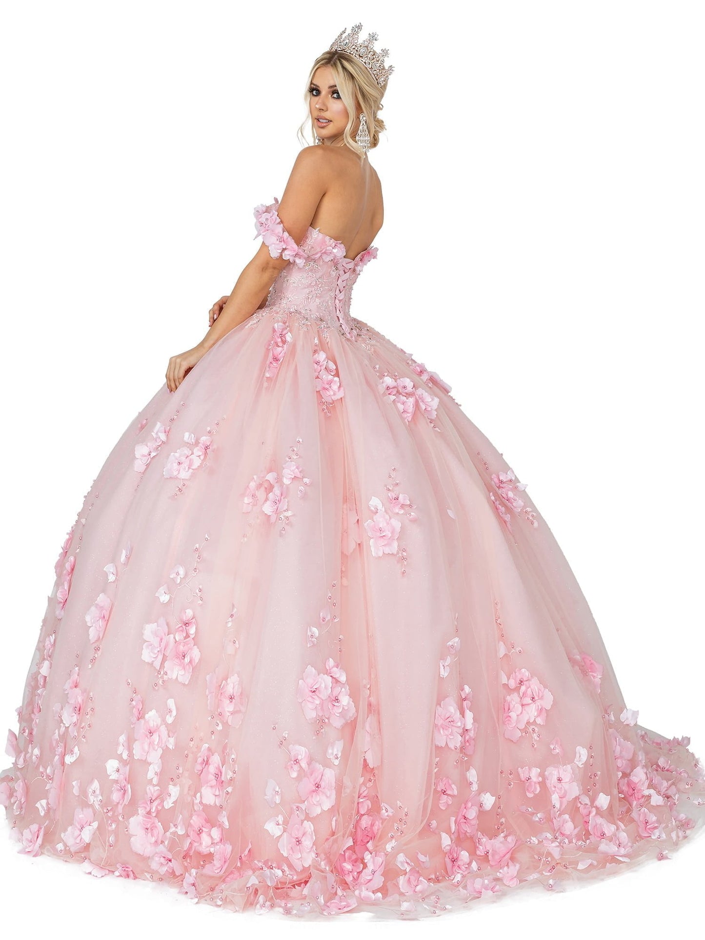 DQ25-1613 OFF-THE-SHOULDER BALL GOWN WITH FLORAL APPLIQUES