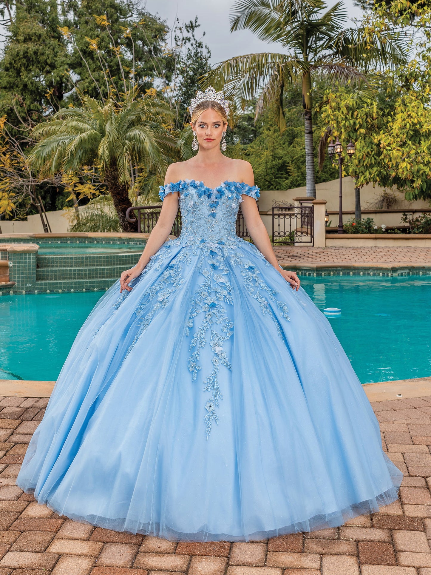 DQ25-1620 OFF-THE-SHOULDER BALL GOWN WITH FLORAL LACE APPLIQUES