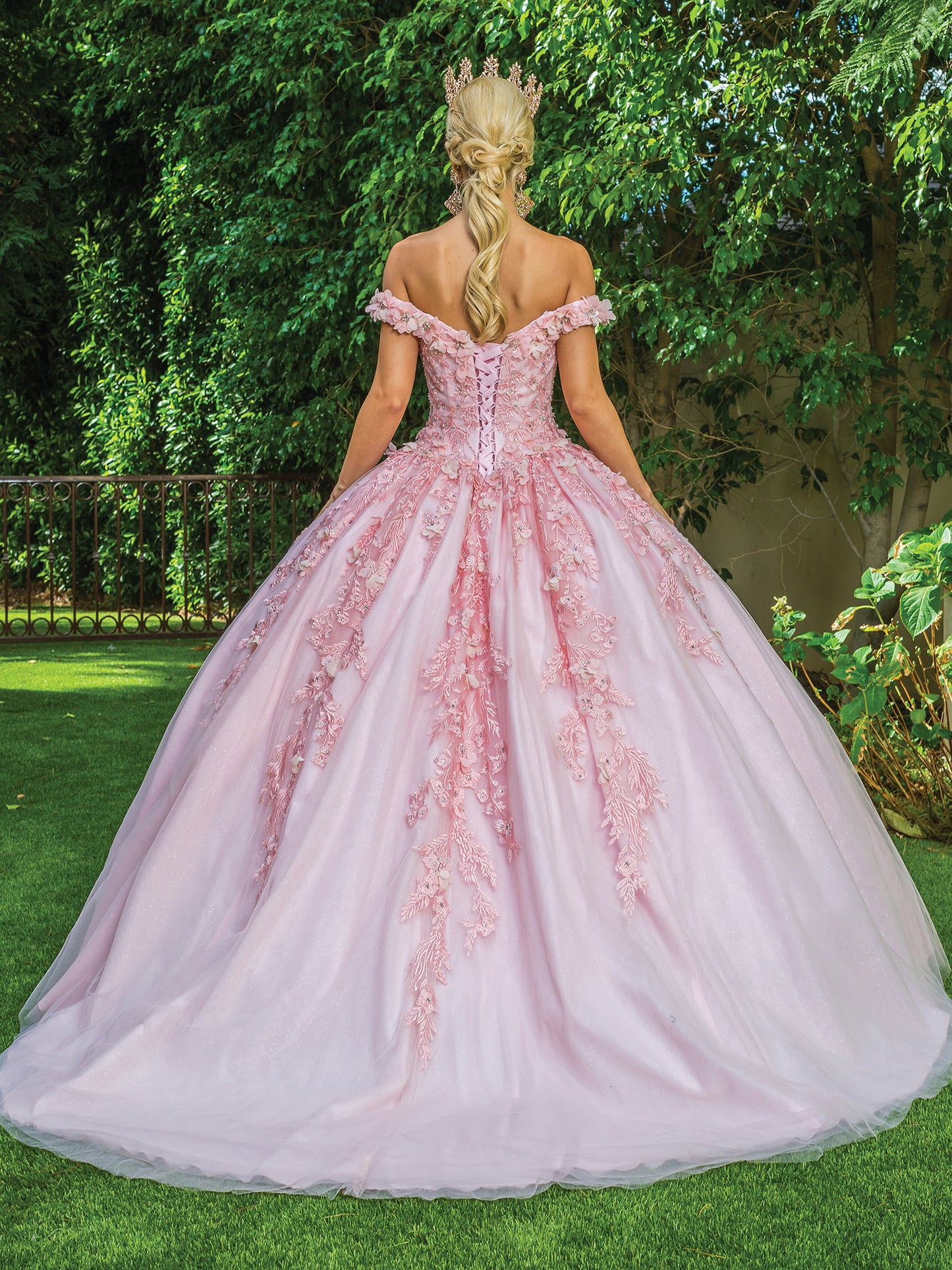 DQ25-1620 OFF-THE-SHOULDER BALL GOWN WITH FLORAL LACE APPLIQUES