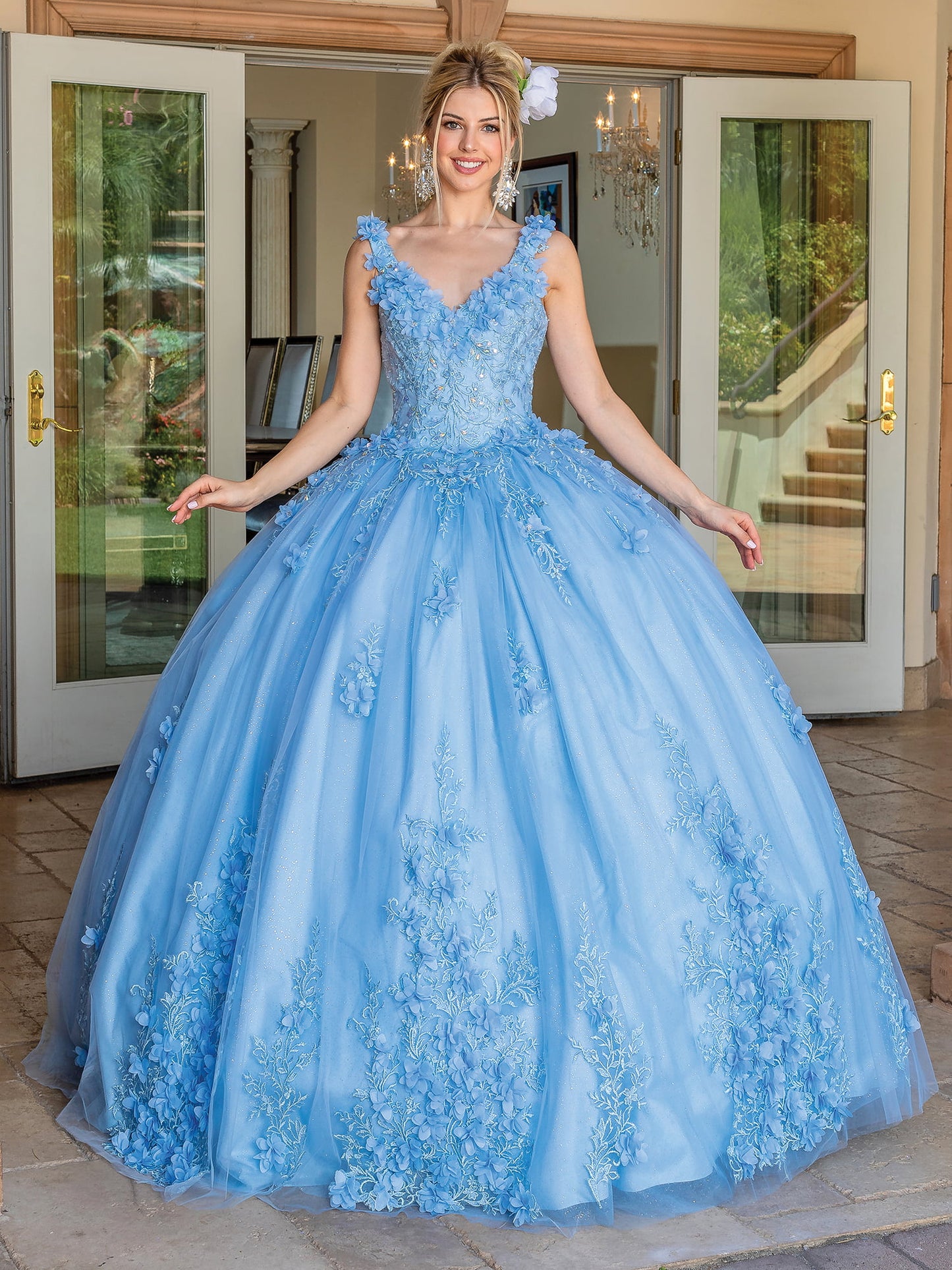 DQ25-1623 V-NECK BALL GOWN WITH FLORAL APPLIQUE EMBELLISHMENTS