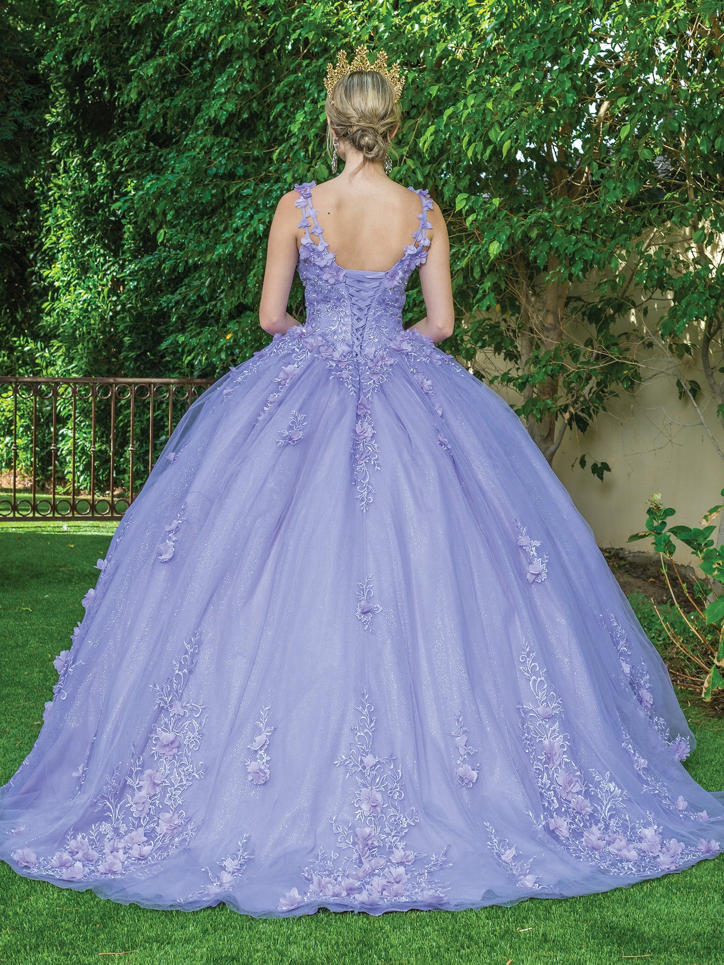 DQ25-1623 V-NECK BALL GOWN WITH FLORAL APPLIQUE EMBELLISHMENTS