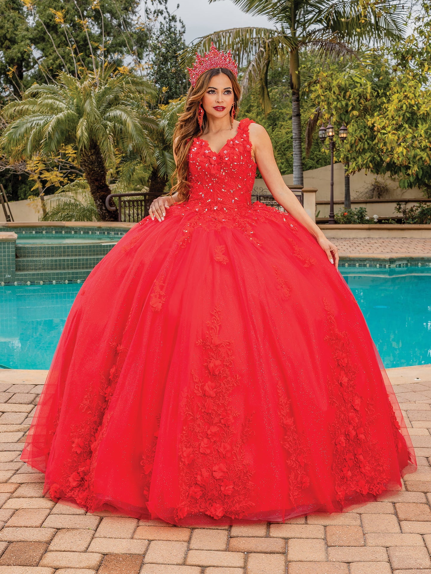 DQ25-1623 V-NECK BALL GOWN WITH FLORAL APPLIQUE EMBELLISHMENTS