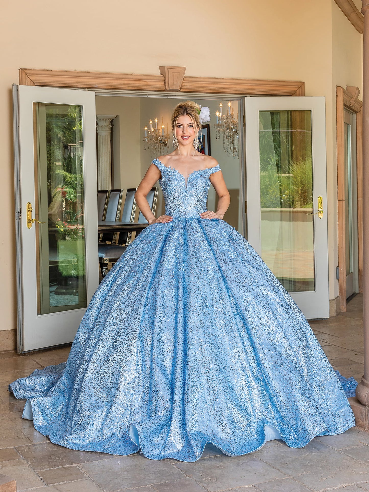 DQ25-1624 OFF-SHOULDER GLITTER-EMBELLISHED BALL GOWN WITH SEQUIN LACE