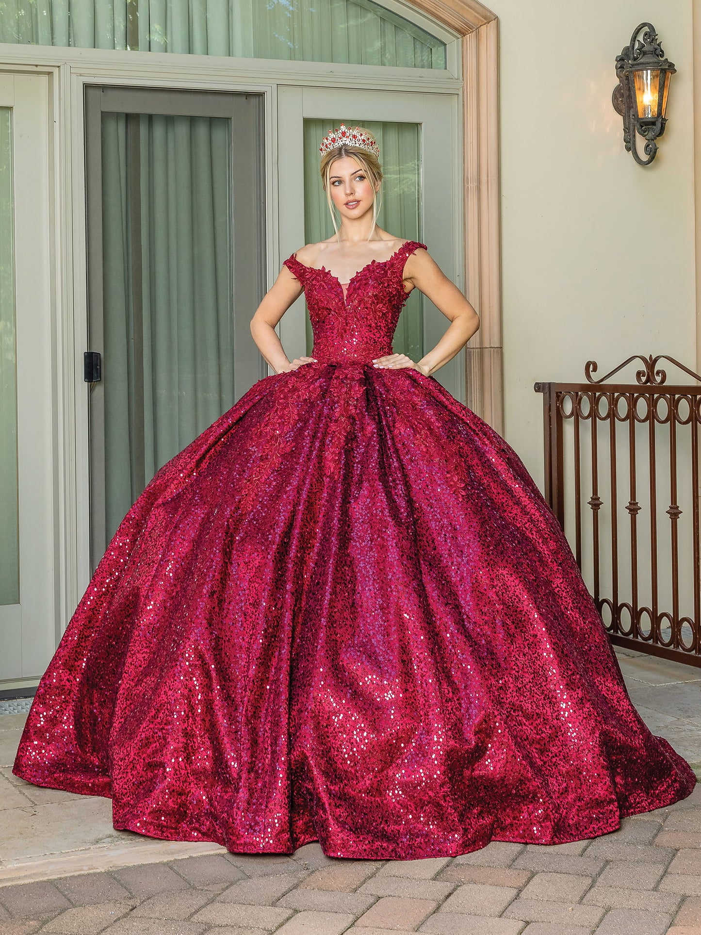 DQ25-1624 OFF-SHOULDER GLITTER-EMBELLISHED BALL GOWN WITH SEQUIN LACE