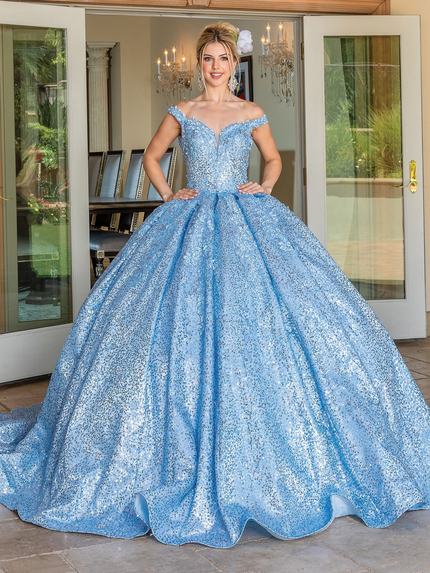 DQ25-1624 OFF-SHOULDER GLITTER-EMBELLISHED BALL GOWN WITH SEQUIN LACE
