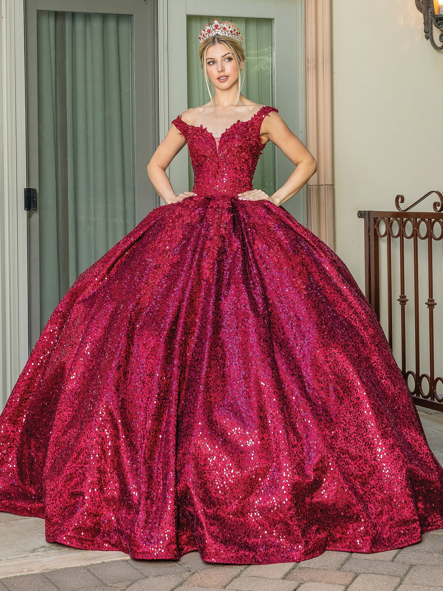 DQ25-1624 OFF-SHOULDER GLITTER-EMBELLISHED BALL GOWN WITH SEQUIN LACE