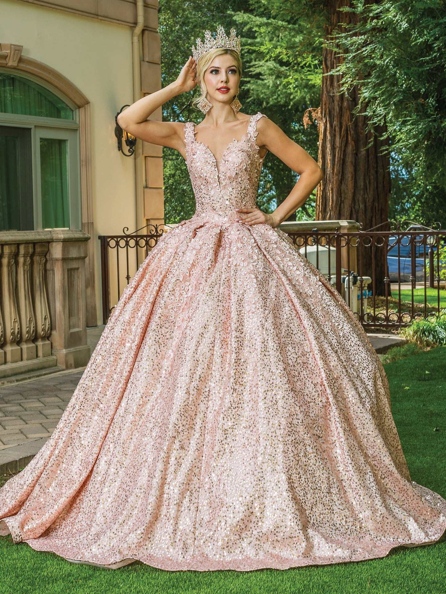 DQ25-1624 OFF-SHOULDER GLITTER-EMBELLISHED BALL GOWN WITH SEQUIN LACE