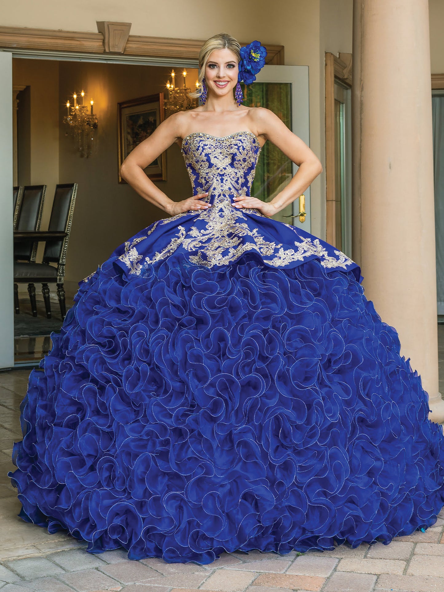 DQ25-1634 SLEEVELESS BALL GOWN WITH BEADED BODICE AND CASCADING ORGANZA RUFFLE SKIRT