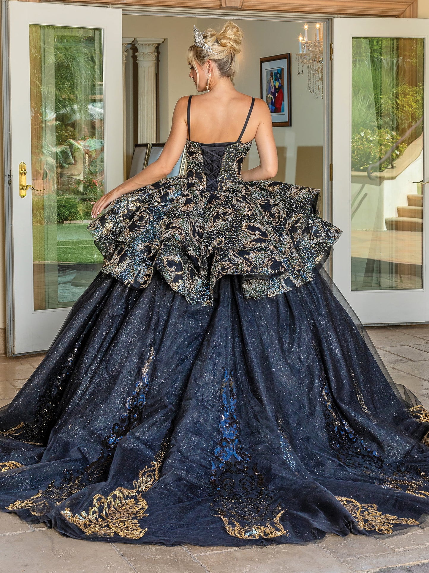 DQ25-1656 EMBELLISHED LACE OVERLAY BALL GOWN WITH CORSET BACK
