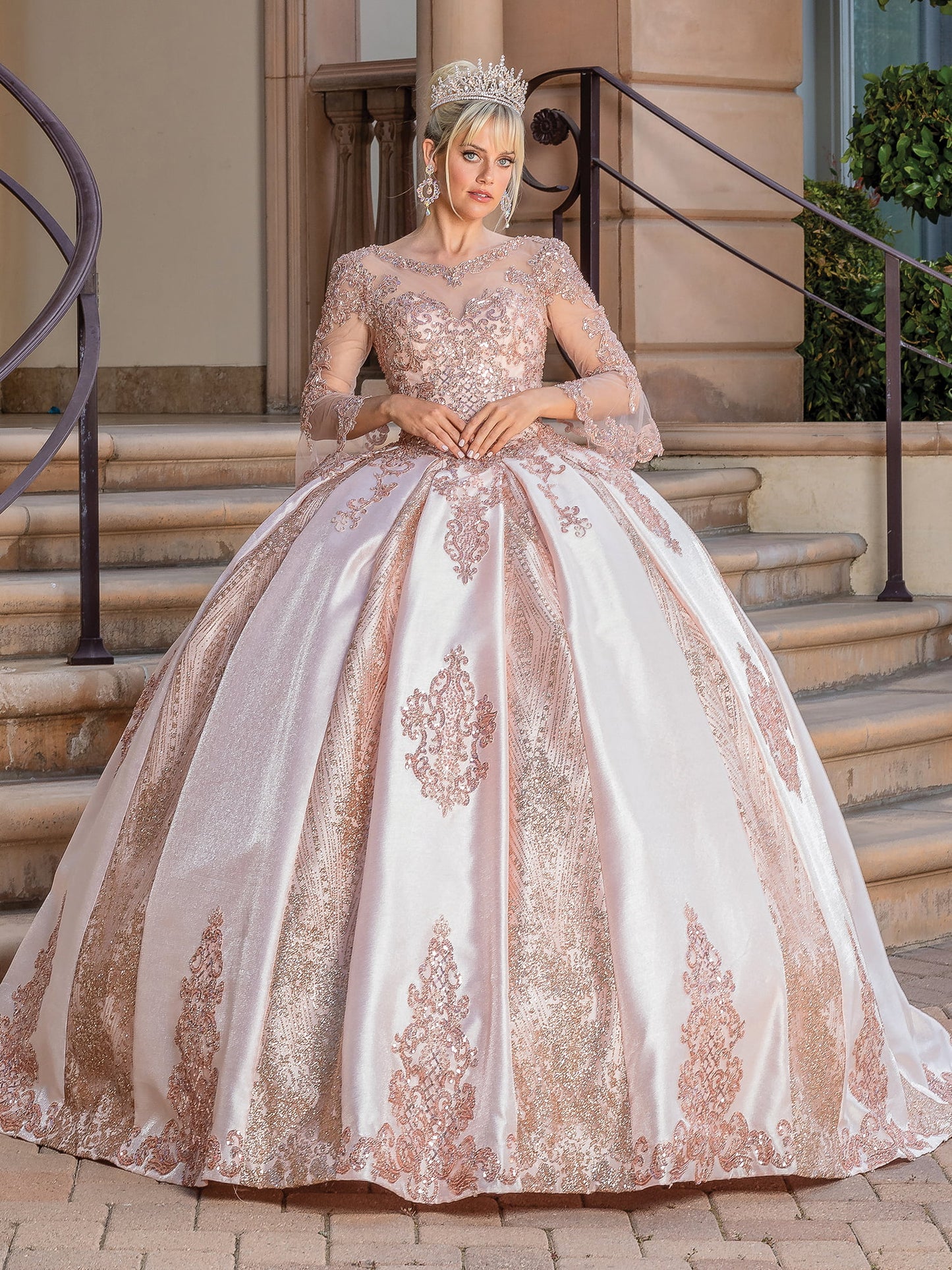 DQ25-1665 OFF-THE-SHOULDER SATIN BALL GOWN WITH GLITTER TULLE OVERLAY