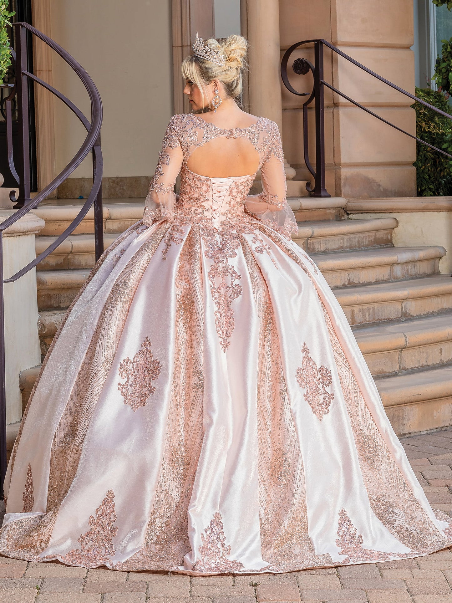 DQ25-1665 OFF-THE-SHOULDER SATIN BALL GOWN WITH GLITTER TULLE OVERLAY