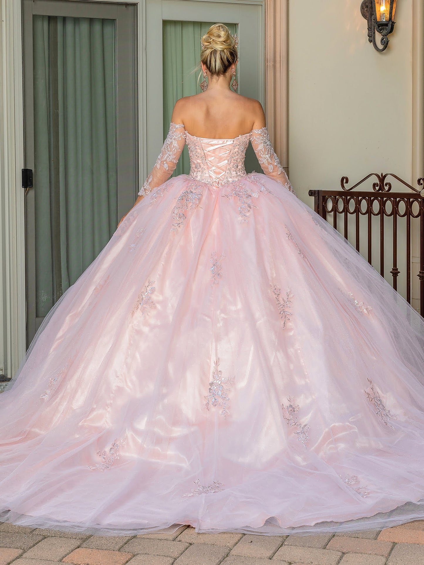 DQ25-1674 Off-the-Shoulder Ball Gown with Beaded Lace Bodice