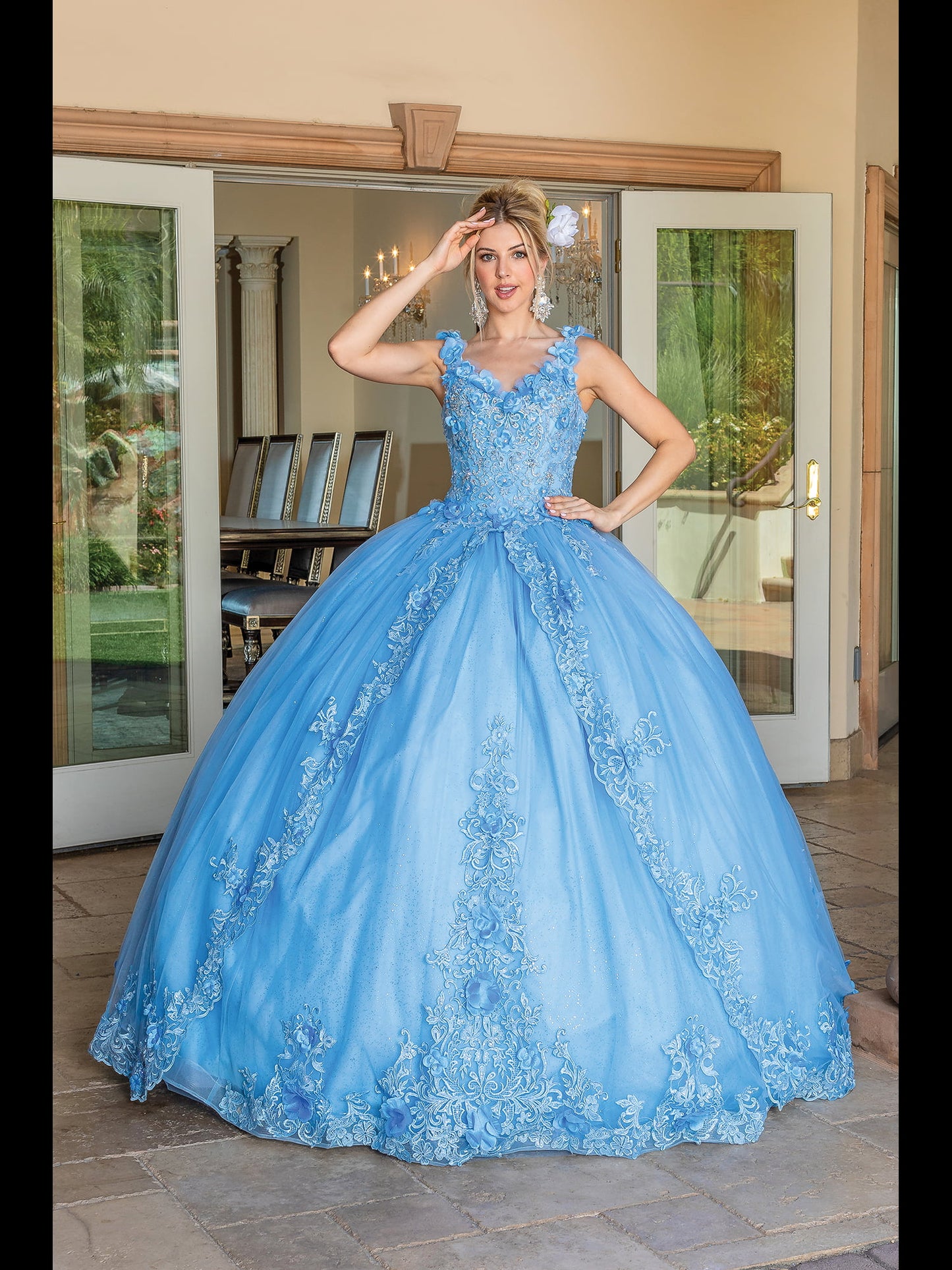 DQ25-1678 SLEEVELESS BEADED BODICE BALLGOWN WITH EMBROIDERED LACE APPLIQUES