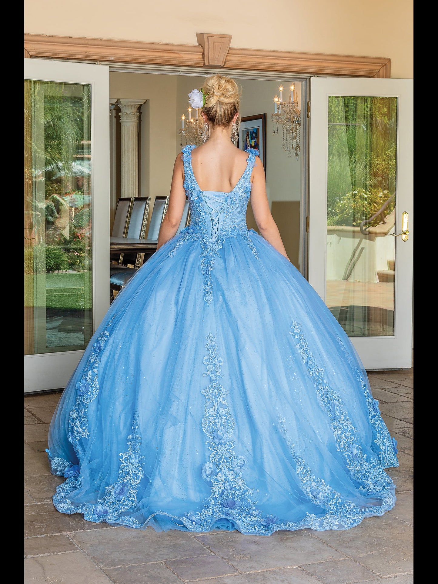 DQ25-1678 SLEEVELESS BEADED BODICE BALLGOWN WITH EMBROIDERED LACE APPLIQUES