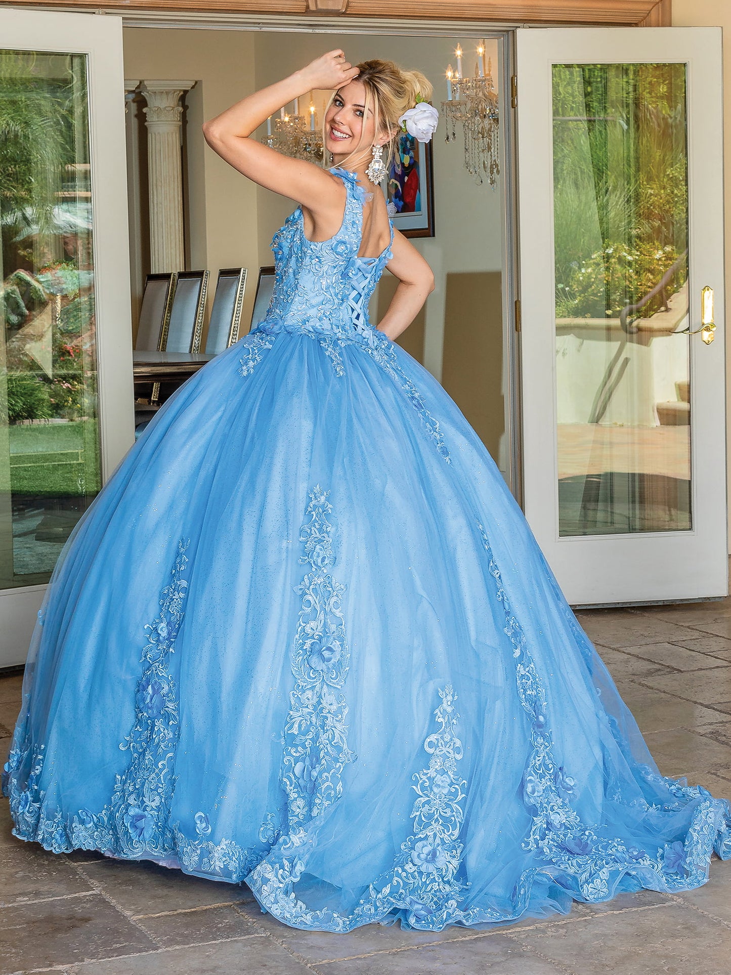 DQ25-1678 SLEEVELESS BEADED BODICE BALLGOWN WITH EMBROIDERED LACE APPLIQUES