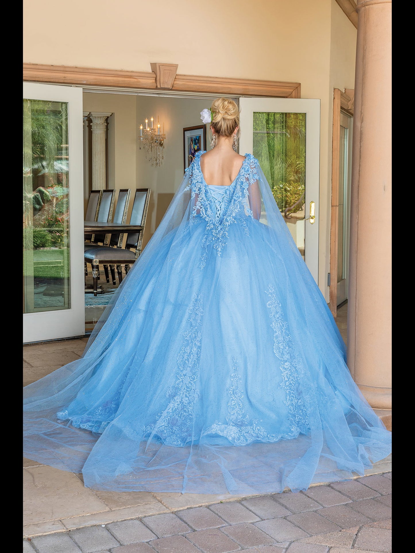DQ25-1678 SLEEVELESS BEADED BODICE BALLGOWN WITH EMBROIDERED LACE APPLIQUES