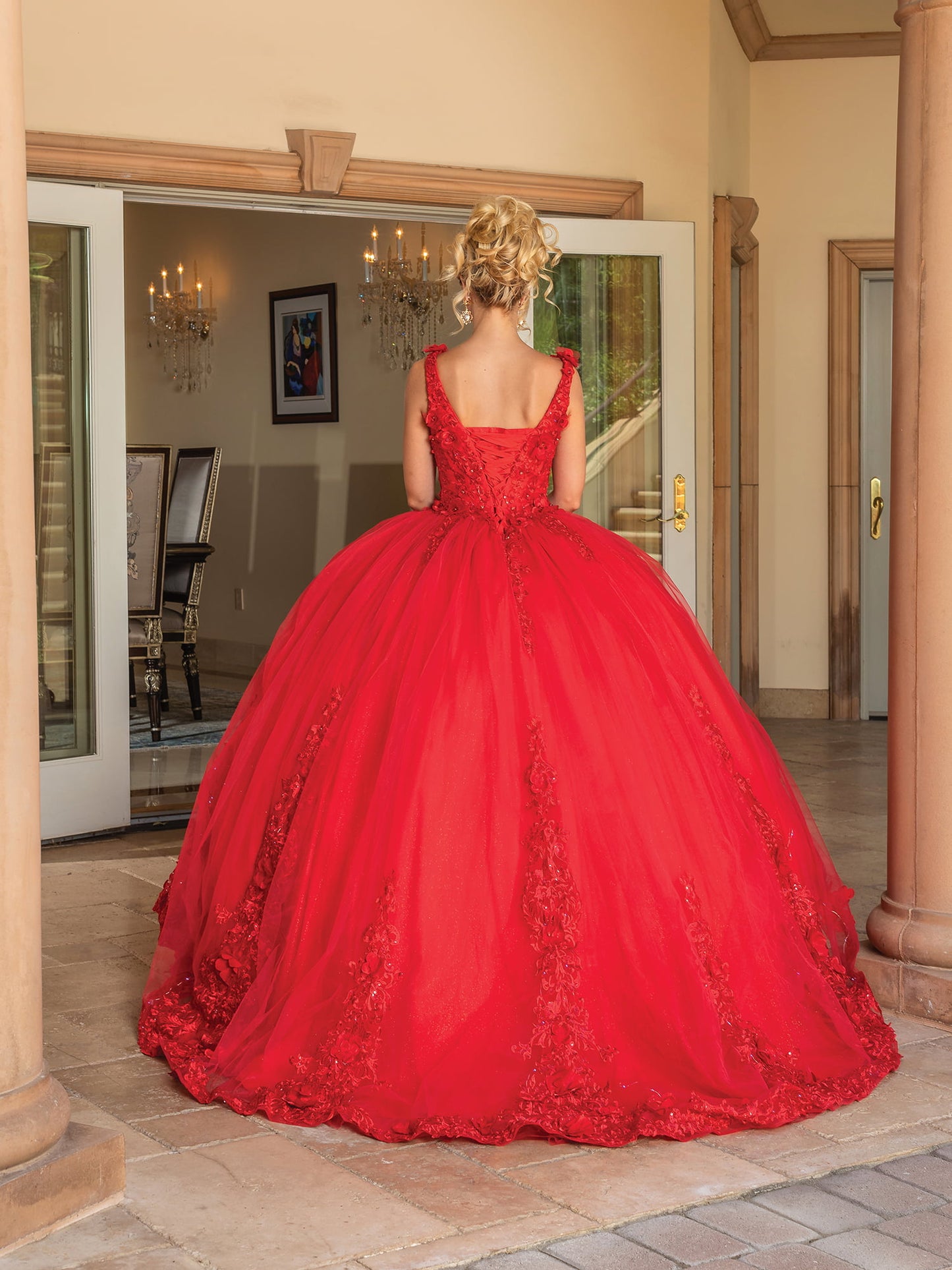 DQ25-1678 SLEEVELESS BEADED BODICE BALLGOWN WITH EMBROIDERED LACE APPLIQUES