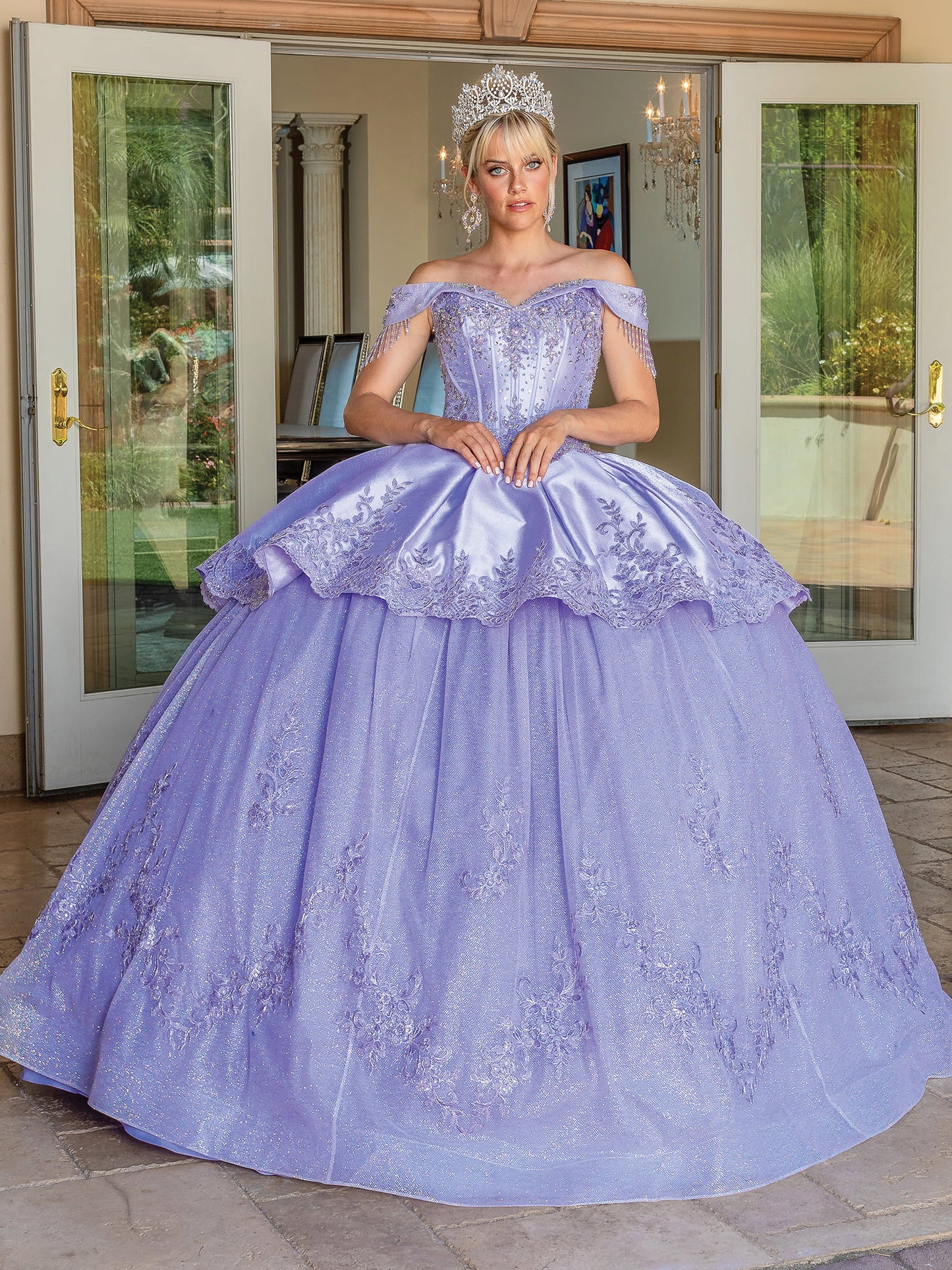 DQ25-1679 OFF-THE-SHOULDER BALL GOWN WITH GLITTER TULLE