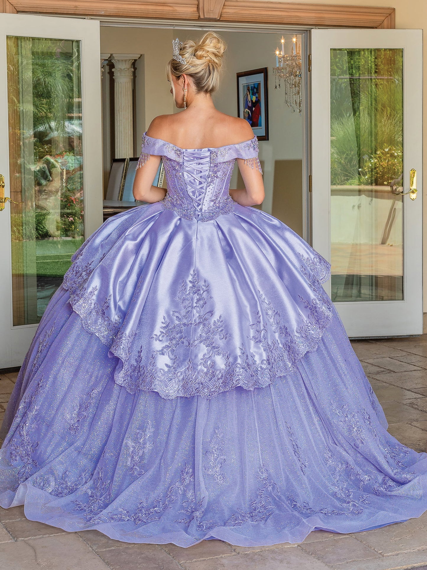 DQ25-1679 OFF-THE-SHOULDER BALL GOWN WITH GLITTER TULLE