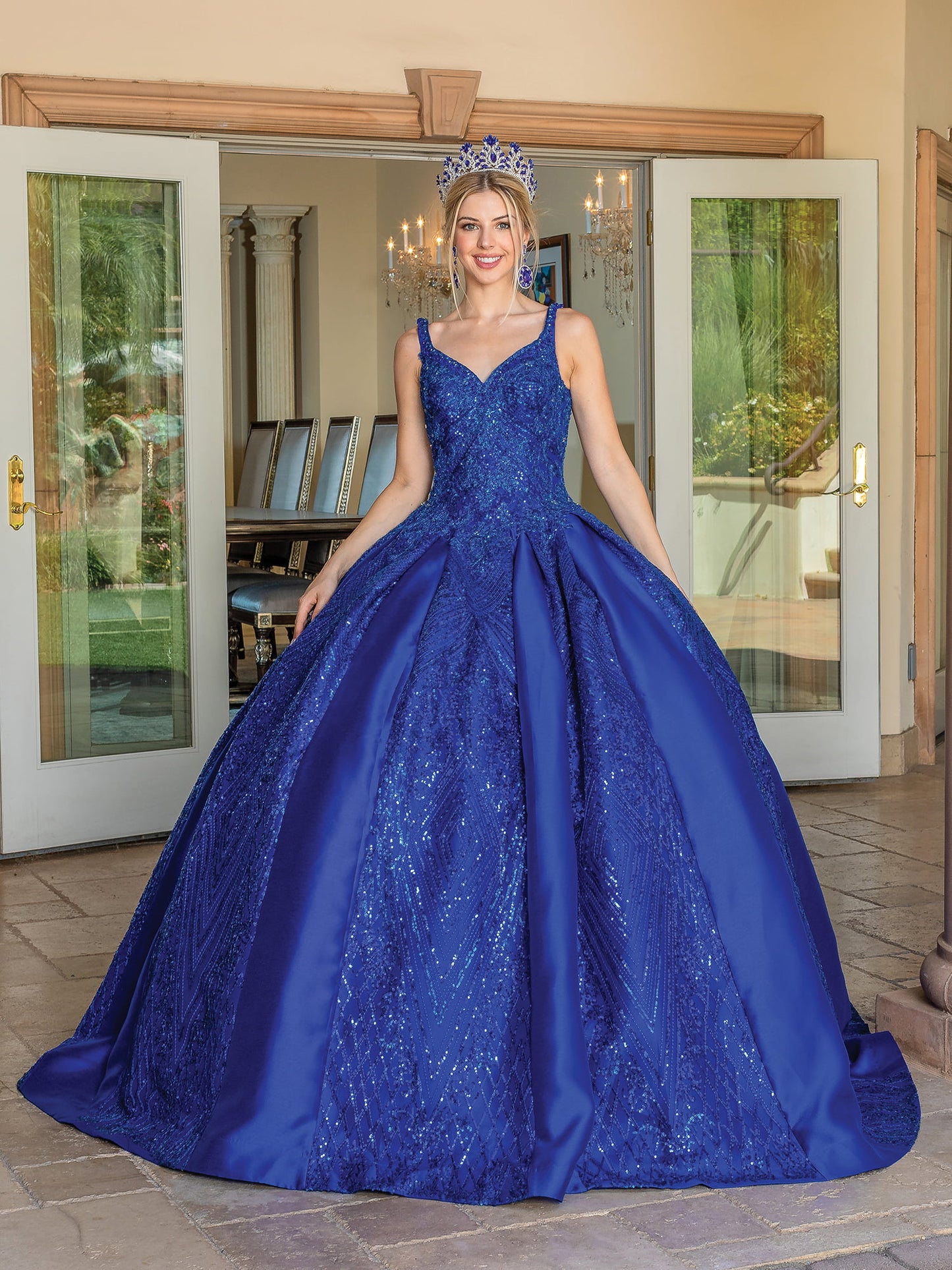 DQ25-1680 V-NECK BALL GOWN WITH GLITTER OVERLAY