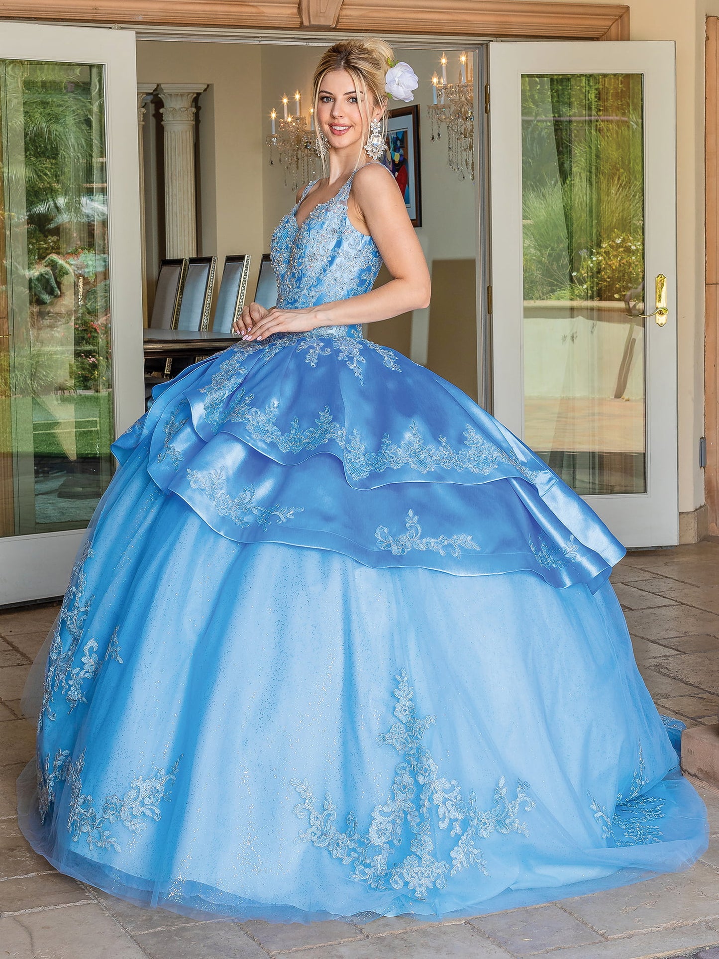 DQ25-1682 V-NECK SATIN BALL GOWN WITH BEADED BODICE