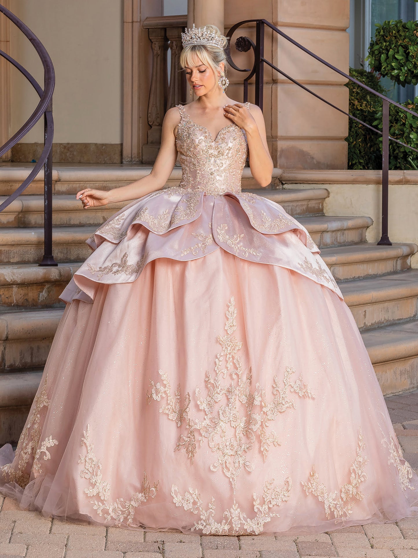 DQ25-1682 V-NECK SATIN BALL GOWN WITH BEADED BODICE